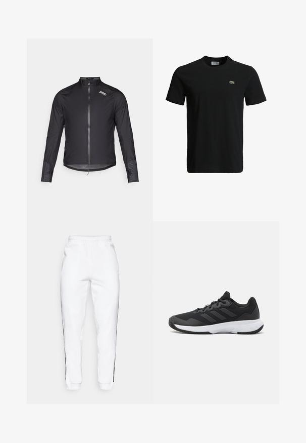 POC HAVEN RAIN JACKET - Neperpučiamoji striukė - uranium black; Juodas medvilninis marškinėliai su apvaliu kaklu, trumpomis rankovėmis ir mažu žaliu krokodilo logotipu kairėje krūtinės pusėje. Lygi tekstūra, kasdieniškas dizainas.; Baltos sportinės kelnės su elastinga juosmena, turinčios juodas šonines juosteles ir rankogalius. Pagamintos iš minkštos medžiagos su lygia tekstūra.; Juodas sportinis batelis su tekstūruota viršutine dalimi, trimis horizontaliomis juostelėmis ir baltu padu su raštuotu protektoriumi. Lengvas ir aerodinamiškas dizainas.