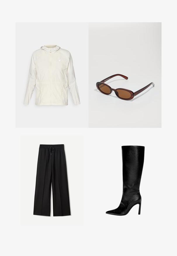 Kevyt, kerma värinen takki, jossa on edessä vetoketju, säädettävä nyöri vyötäröllä ja pitkät hihat hupulla.; Musta poolkaelusneule, joka on valmistettu pehmeästä neulekankaasta. Siinä on ribbireunus, pitkät hihat ja rento istuvuus. Yksinkertainen ja monikäyttöinen muotoilu.; Mustat leveät housut pehmeästä kankaasta. Ominaisuuksia ovat joustava vyötärö, jossa on nauhavyö, ja kaksi sivutaskua. Tasainen etuosa ja laskokset.; Polvisteinen musta nahkaboot, jossa on terävä kärki, korkea stiletto-korko, sileä pinta ja yksinkertainen, tyylikäs muotoilu ilman koristeluja.; Pyöreät, ruskehtavat aurinkolasit, joissa on kiiltävä burgundinpunainen runko. Kapeat sivut, joissa on hienovarainen brändäys. Litteät linssit.; Musta nahkainen käsilaukku, jossa on jämäkkä muoto, yläkahvat, sileä pinta, kultasävytteiset metalliosat ja etuklipsi. Pohjassa näkyy brändäys.
