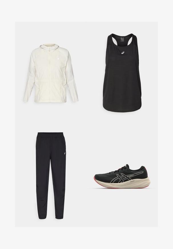 Jachetă ușoară, de culoare crem, cu fermoar în față, șnur ajustabil la talie și mâneci lungi cu glugă.; Top sport negru dintr-un material ușor. Dispune de un decolteu rotund, un design cu spatele încrucișat și un mic logo alb pe față.; Pantaloni sport negri, cu talie elastică, picioare tapered cu manșete, confecționați dintr-un material ușor și neted, cu un logo mic pe coapsă.; Pantofila de alergare neagră cu un superior din plasă și accente albe. Prezintă o talpă intermediară cusută și detalii roșii la talpă. Design ușor.