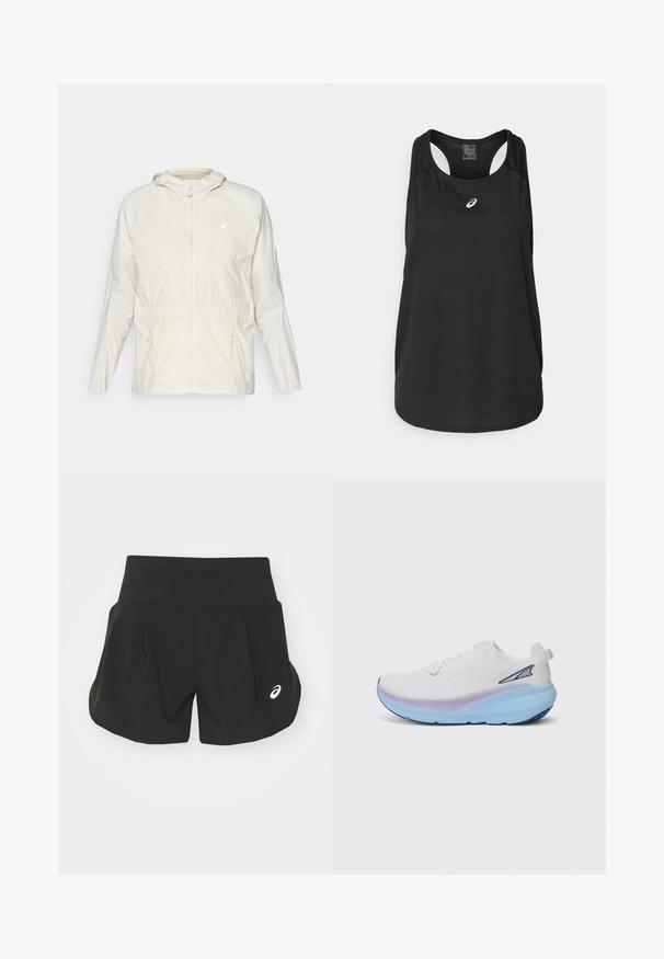 Lightweight, cream-colored jacket featuring a front zipper, adjustable drawstring at the waist, and long sleeves with a hood.; Black athletic tank top made of lightweight fabric. Features a round neckline, racerback design, and a small white logo on the front.; Black athletic shorts with a wide waistband, pleated design, and a small white logo accent on the lower left side. Soft, lightweight material.; White running shoe with a textured upper, featuring a gradient sole in blue and purple hues, and a small accent logo on the side.