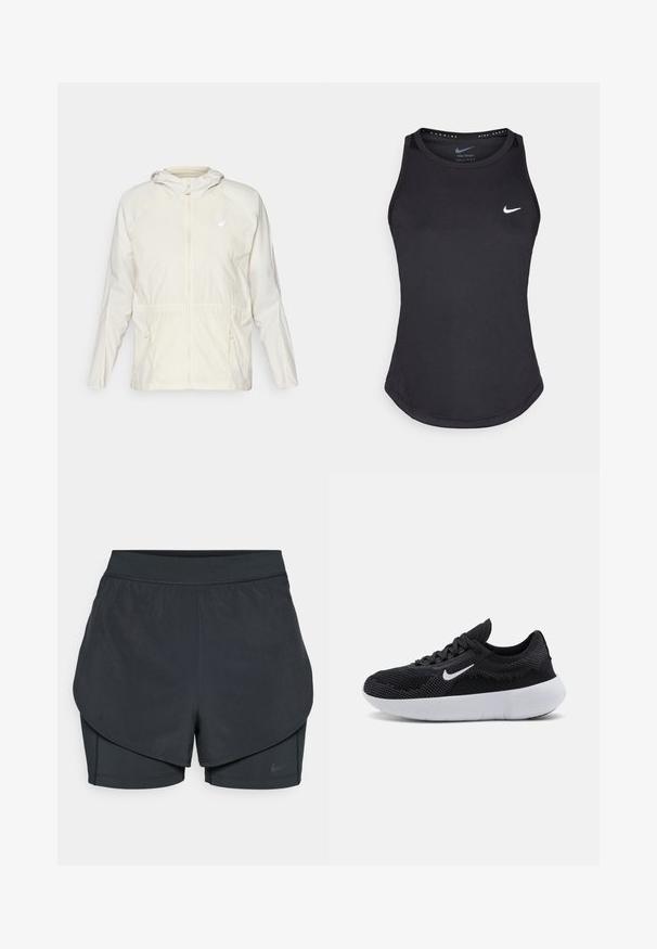 Letvægts, krämfarvet jakke med frontlynlås, justerbar snøre i taljen og lange ærmer med hætte.; Sort atletisk tanktop fremstillet af svedtransporterende materiale. Har en rund halsudskæring, tætsiddende pasform og hvidt Nike-logo på brystet.; Sorte atletiske shorts med et lagdelt design, der har et glat yderlag og tætsiddende indershorts. Lavet af letvægts, strækbart stof.; Sort træningssko med en mesh-overdel, tekstureret design, rund tå, hvid gummisål og et Nike-logo på siden.