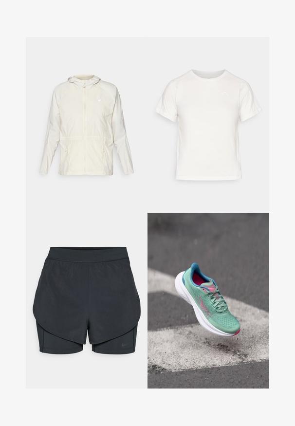 Lengvas, kreminės spalvos švarkas su priekiniais užtrauktukais, reguliuojama virvele ties juosmeniu ir ilgomis rankovėmis su kapišonu.; Lengvas baltas marškinėliai trumpomis rankovėmis, apvaliu kaklu ir maža logo viršutiniame kairiajame kampe. Lygus audinys su subtiliu blizgesiu.; Juodi sportiniai šortai su sluoksniuota konstrukcija, turintys sklandų išorinį sluoksnį ir prigludusius vidinius šortus. Pagaminti iš lengvos, tamprios medžiagos.; Lengvas bėgimo batelis mėtų žalios spalvos tinklelyje su rožinėmis detalėmis, baltu padu, tekstūruota paviršiumi ir logotipu šone.