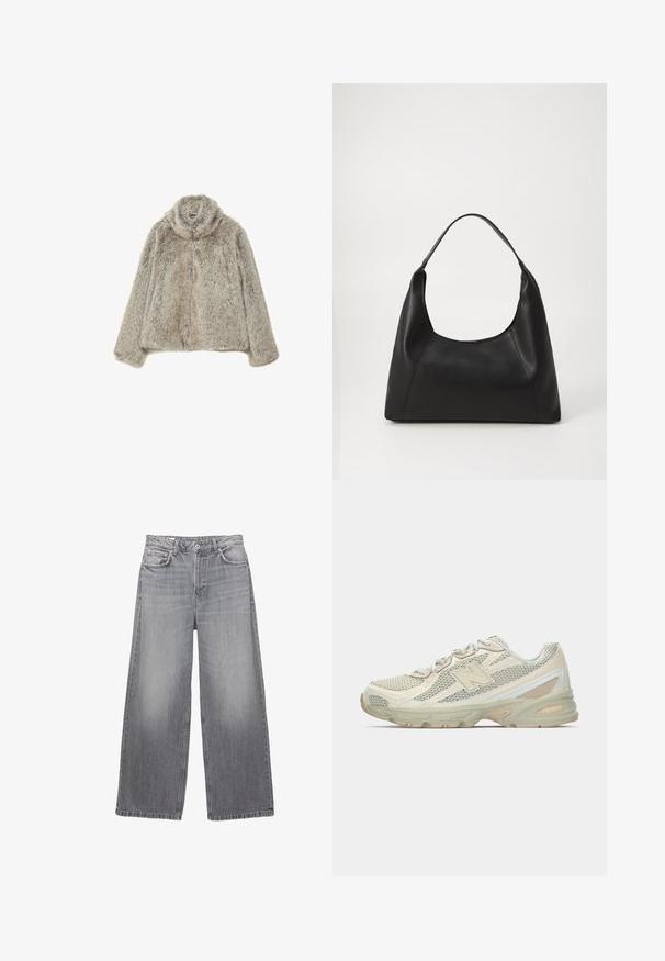 Väljä vaalea harmaa tekokarvalakki, jossa on korkea kaulus. Siinä on pehmeä, tekstuuri-pinnoite ja rento istuvuus, joka sopii kerrospukeutumiseen.; Harmaa neulecrewneck-paita, jossa on pitkät hihat sekä ribbineuleet hihoissa ja helman osalla, aseteltuna tasaisesti valkoista taustaa vasten.; Harmaat farkut, joissa on leveät lahkeet ja korkea vyötärö, viisi taskua, kulahtanut viimeistely ja kontrastiväriset ompeleet. Varustettu napituksella ja vyölenkeillä.; Kevyet lenkkarit, joissa on verkkopinta beige- ja cream-väreissä, varustettuna näkyvällä "N"-logolla, pehmeällä pohjalla ja teksturoiduilla yksityiskohdilla.; Mustakasi nahkalaukku, jossa on kupumainen kahva, sileä pinta ja minimalistinen muotoilu. Siinä on kulmikkaita reunoja ja leveä aukko.