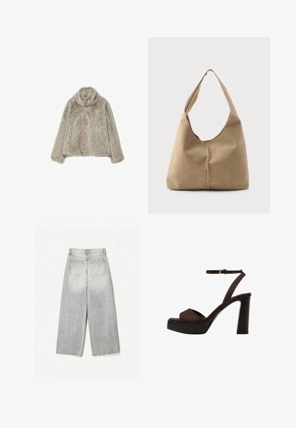 Lažna krznena jakna svijetlosive boje s visokim ovratnikom. Ima mekan, teksturiran završetak i opušteni kroj, pogodan za slojevito oblačenje.; Smeđi kratki rukav majica od mekog materijala, s okruglim izrezom i opuštenim krojem. Nema vidljivih uzoraka ili naglasaka.; Široke sive traperice s izblijedjelim završetkom, s dva stražnja džepa i sirovim rubom.; Smeđe zamšaste sandale s visokim potpeticama, otvorenim prstima, podesivom trakicom oko gležnja i prugastom platformom.; Torba hobo u mekanom bež antilopu s opuštenim oblikom, širokim remenom za rame i ručno šivenim detaljem na prednjoj strani.