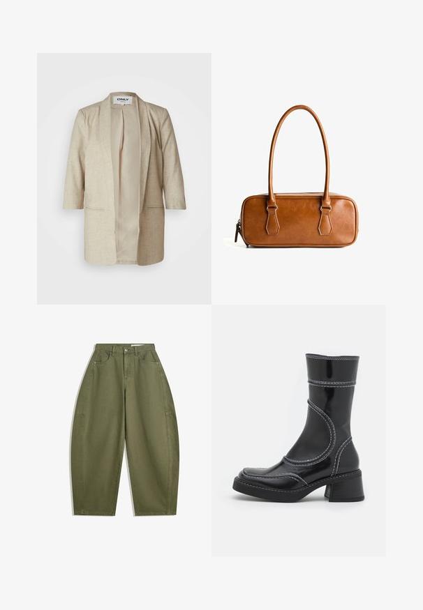 Beige öppen blazer gjord av texturerat tyg, med två framfickor, en avslappnad passform och ett enfärgat innerfoder. Inga knappar eller stängning.; Ljusgrå hoodie i mjukt tyg, med en framficka av typ kangaroo, justerbar huva och ribbade ärmslut och nederkant.; Olivgröna vida byxor i bomull med hög midja, framfickor och en slät yta. Inga dekorationer eller mönster.; Svart lackläder ankelboot med vit sömnad, rund tå och blockklack. Har böjda designlinjer och en slät textur.; Brun läderhandväska med två långa handtag, rektangulär form, slät yta, dragkedjestängning och detaljer i silverfärgad metall.