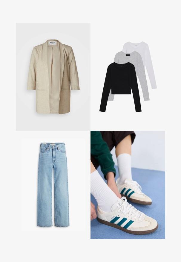 Beżowa otwarta marynarka z teksturowanej tkaniny, z dwoma przednimi kieszeniami, luźnym krojem i gładką podszewką. Brak guzików i zapięcia.; Trzy bluzki z długim rękawem ułożone jedna na drugiej: czarna, szara i biała. Każda z okrągłym dekoltem i skróconym fasonem, wykonana z gładkiego, lekkiego materiału.; Jeansy o wysokim stanie, jasnoniebieskie, szerokie nogawki, z przednim guzikiem i zamkiem błyskawicznym, pętelkami na pasek oraz pięcioma kieszeniami.; Białe buty sportowe z turkusowymi paskami, teksturowana cholewka i brązowe gumowe podeszwy. W połączeniu z białymi skarpetkami z prążkami.