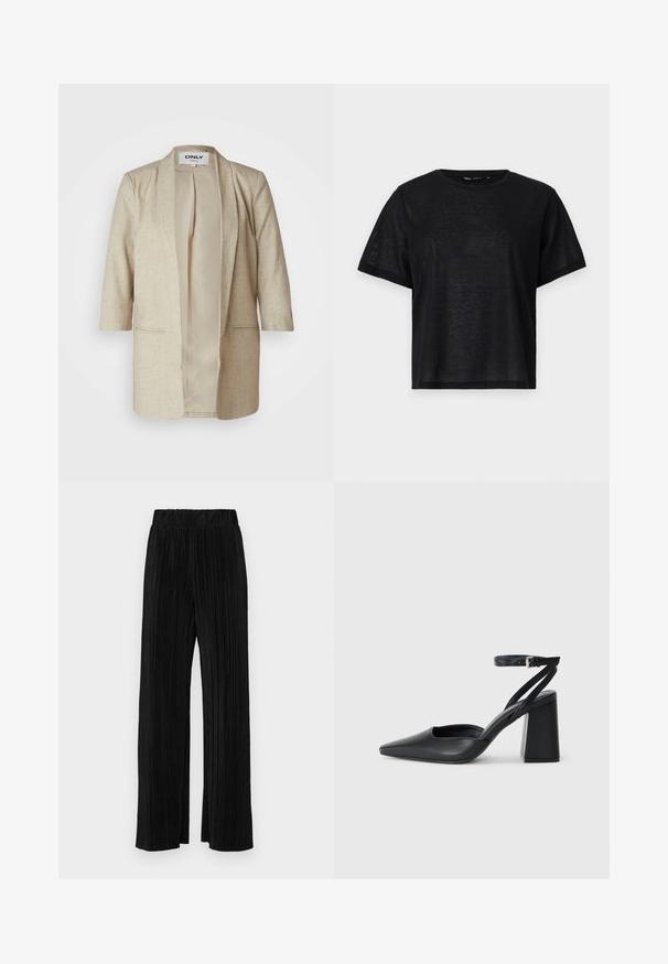 Blazer beige ouvert en tissu texturé, doté de deux poches avant, d'une coupe décontractée et d'une doublure intérieure unie. Sans boutons ni fermeture.; T-shirt noir à manches courtes avec une coupe décontractée, présentant une texture lisse et un col rond. Tissu léger avec un subtil éclat.; Pantalons plissés noirs avec une taille élastique. Présente des jambes larges et un tissu lisse texturé avec des rayures verticales.; Escarpin noir en cuir à bout pointu avec une bride de cheville et un talon épais. Texture lisse, design élégant et esthétique minimaliste.