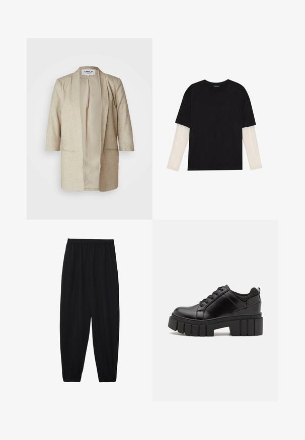 Beige, texturált anyagból készült nyitott blézer, két elülső zsebbel, laza fazonnal és sima bélésben. Gombok vagy zárás nélkül.; Fekete pamut póló, rövid ujjal, fehér hosszú ujjú réteg fölött, finom textúrával. Kerek nyakkivágású dizájn.; Fekete, könnyű nadrág elasztikus derékkal és ráncolt bokákkal. Az anyag sima és laza, szűkített dizájnnal rendelkezik.; Fekete bőr platform cipők vaskos blokk sarkakkal, kerek orral és hagyományos fűzős kialakítással. Simára csiszolt felület és minimális részletezés jellemzi.