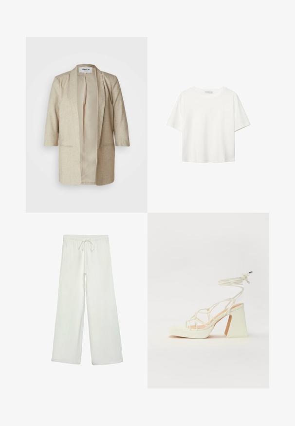Bež otvoreni blejzer od teksturirane tkanine, s dvije prednje džepove, ležernim krojem i jednostavnim unutarnjim podstavom. Bez dugmadi ili zatvaranja.; Bijela majica kratkih rukava od pamuka. Ima okrugli izrez i opušteni kroj. Glatka tekstura bez vidljivih uzoraka ili naglasaka.; Bijele hlače širokog kroja od mekog materijala. Imaju elastični pojas s vezicom i glatku teksturu. Nema vidljivih uzoraka ili metalnih dijelova.; Bijela sandala na visokoj potpetici s debelim petom, s remenom i vezanjem oko gležnja. Glatka tekstura s platformom sprijeda za dodatnu visinu.