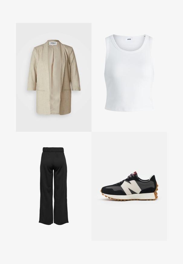 Beige open blazer made of textured fabric, featuring two front pockets, a relaxed fit, and a plain interior lining. No buttons or closure.; White ribbed tank top featuring a round neckline, sleeveless design, and a cropped length. Label reads "JJXX." Smooth fabric texture.; Black, wide-leg pants with an elastic waistband, made from smooth fabric. Features a clean design with no pockets or visible stitching details.; Black and gray suede sneaker with a large cream-colored "N" logo, purple laces, and a textured gum rubber outsole.