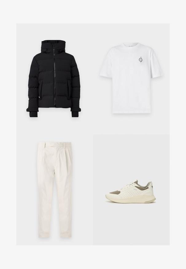 Belstaff PULSE JACKET - Pūkinė striukė - black; Balta medvilninė marškinė su laisvu siluetu, su mažą juodą grafiką logotipą kairėje krūtinės pusėje. Trumpomis rankovėmis, apvaliu kaklu.; Balti, susiūtos kelnes, turinčios pritaikytą siluetą, pasižyminčias lygia tekstūra, dirželio kilpomis ir siaurėjančiomis kojomis. Nėra matomų kišenių ar raštų.; Baltas ir šviesiai bežinis sportinis kedas, su tinklo viršumi, perforuotais detalėmis ir tekstūruotu tarpine su logotipu ant kulno.