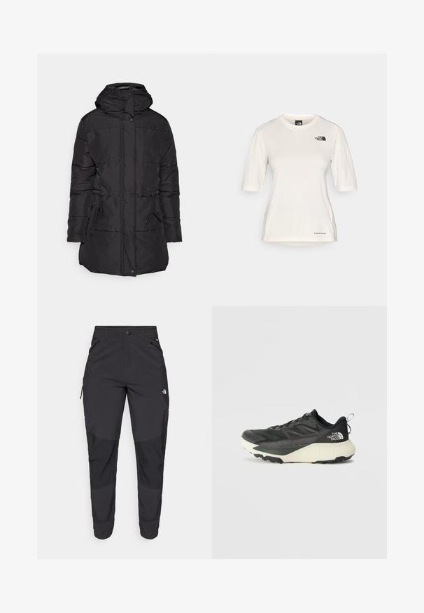 Μαύρο μπουφάν με κουκούλα, με ανάγλυφο σχέδιο, δύο μπροστινές τσέπες και κορδόνια στη μέση για προσαρμόσιμη εφαρμογή.; The North Face SHADOW SHORT SLEEVE - Αθλητικό μπλουζάκι - white dune; Μαύρο παντελόνι εξωτερικού χώρου από ανθεκτικό ύφασμα. Διαθέτει τσέπες με φερμουάρ, ενισχυμένα πάνελ γόνατος και ευθεία κοπή για ελευθερία κινήσεων.; Μαύρο αθλητικό παπούτσι με υφή στο επάνω μέρος, διαθέτει γκρι λεπτομέρειες και λευκή ενδιάμεση σόλα. Περιλαμβάνει ετικέτα έλξης και έντονο λογότυπο μάρκας στη φτέρνα.