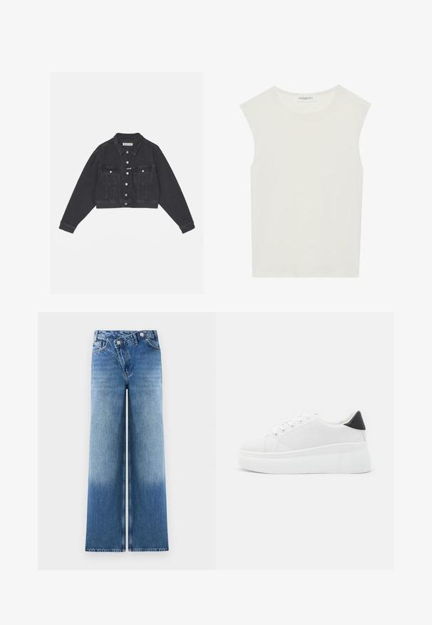 Svart cropped denimjacka med två bröstfickor, knäppning med knappar och långa ärmar. Har kontrasterande sömmar och en klassisk krage.; Vit ärmlös topp med rund halsringning. Tillverkad av ett mjukt tyg, har den en avslappnad passform och minimalistisk design. Inga mönster eller detaljer.; Ljusblå vida jeans med en urblekt tvätt, med en klassisk femfickorsdesign och metallknappaccent vid midjan.; Vita plattformssneakers gjorda av slät syntetiskt material, med rund tå, snörningsdesign och en texturerad gummisula. Svart hälaccent.