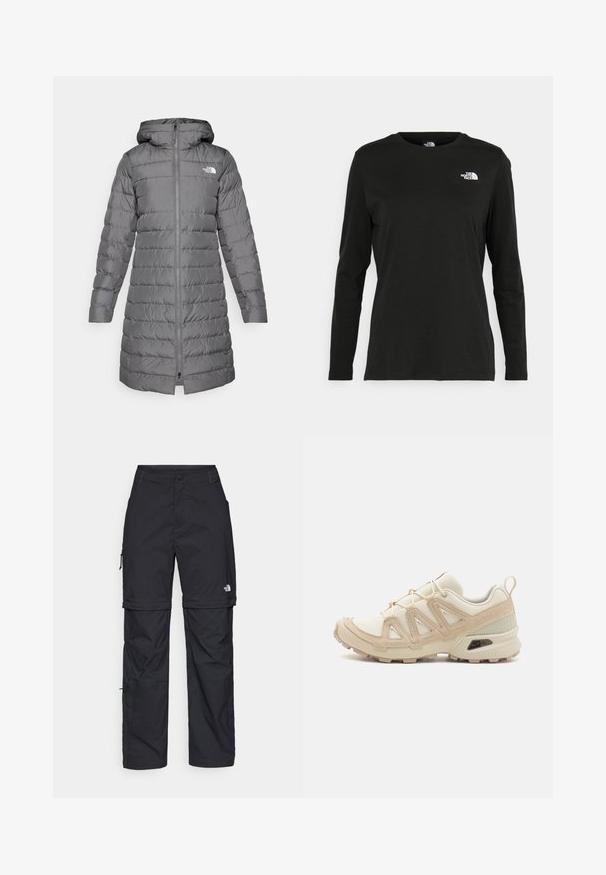 Grå puffjakke med hette, med glidelås foran, vertikalt quiltet mønster og logoakcent på venstre bryst.; Svart langermet T-skjorte laget av bomull med rund hals. Har en liten hvit logo på venstre brystområde. Enkelt design og passform.; Svarte nylon cargo-bukser med glidelås og justerbare mansjetter, flere lommer og en logo på høyre bein. Glatt, lett tekstur.; Beige og krem joggesko med teksturert mesh-overdel, støttende overlegg og gummisåle med et mønster for godt grep.