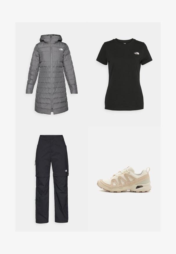 Sivi pufer kaput s kapuljačom, s prednjim zatvaračem, vertikalnim quiltanim uzorkom i logom na lijevoj strani prsnog dijela.; Crna pamučna majica s okruglim izrezom i kratkim rukavima. Istaknuti bijeli logo na gornjoj lijevoj strani. Glatka tekstura, ležeran kroj.; Crne najlon hlače s munjevim zatvaranjem, odvojive cargo hlače s podesivim manžetama, brojnim džepovima i logom na desnoj nozi. Glatka, lagana tekstura.; Bež i kremasti sportski tenisice s teksturiranim mrežastim gornjim dijelom, potpornih preklopa i gumeni potplat s uzorcima za prianjanje.