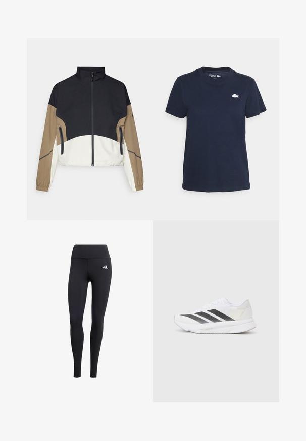 Jakna u boji s blokovima koja ima crnu gornju, smeđu rukave i belu donju sekciju. Ima visoki okovratnik, prednji zip i dva bočna džepa.; Tamno plava pamučna majica s okruglim izrezom i kratkim rukavima. Sadrži mali bijeli Lacoste logo na lijevoj strani prsiju. Mekana tekstura.; Crne tajice od rastezljivog materijala, s visokim pojasom i malim bijelim logotipom, s glatkom, mat završnom obradom.; Bijela atletska cipela s crnim dijagonalnim trakama, mrežastim gornjim dijelom, zaobljenim prstom i teksturiranim potplatom. Akcenti uključuju srebrnu petu i minimalistički dizajn.