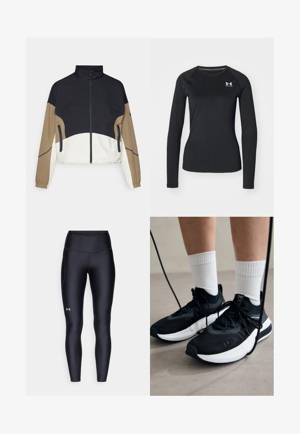 Giacca color block con parte superiore nera, maniche marroni e sezione inferiore bianca. Presenta un colletto alto, zip frontale e due tasche laterali.; Maglietta sportiva nera a maniche lunghe realizzata in tessuto liscio, con scollatura tonda e un piccolo logo bianco sul lato sinistro del petto.; Leggings neri realizzati in materiale morbido e stretch con vita alta. Presentano un logo bianco sulla coscia sinistra e un design aderente.; Scarpe sportive nere con tessuto testurizzato, suola bianca e lacci neri. Indossate con calzini bianchi a costine, in piedi su una superficie chiara.