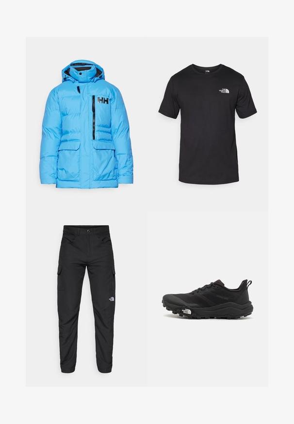 Plava jakna s punom toplotnom izolacijom, visokim ovratnikom, prednjim zatvaračem i istaknutim crnim logotipom. Ima dva prednja džepa i odvojivu kapu.; Crna majica kratkih rukava od pamuka, s okruglim izrezom i malim bijelim logotipom na gornjem lijevom dijelu prsnog koša.; The North Face HORIZON PANT - Hlače za otvoreno - black; Crne trail trkačke cipele s teksturiranim gornjim dijelom, gumeni potplat i ojačana zaštita za prste. Imaju podstavljen ovratnik i trakicu za lakše obuvanje.