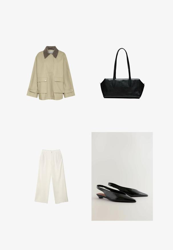 Beige jacka med en brun manchesterkrage, två framfickor och tryckknappsdetaljer. Har en rak passform och långa ärmar.; Svart ärmlös topp i ett texturerat tyg, med en v-ringning och ett spetsband med blommönster. Tofsade kanter i nederkant.; Breda byxor i krämfärgad tyg med en mjuk yta, med en enda knapp fram, subtila veck och en hög midja design.; Svarta slingback-skor med en spetsig tådesign, med en strukturerad yta och en liten blockklack. Inuti har de en brun accent.; Svart läderhandväska med långa handtag, rektangulär form, slät textur och snedställda sidor, med en minimalistisk design utan synlig hårdvara.