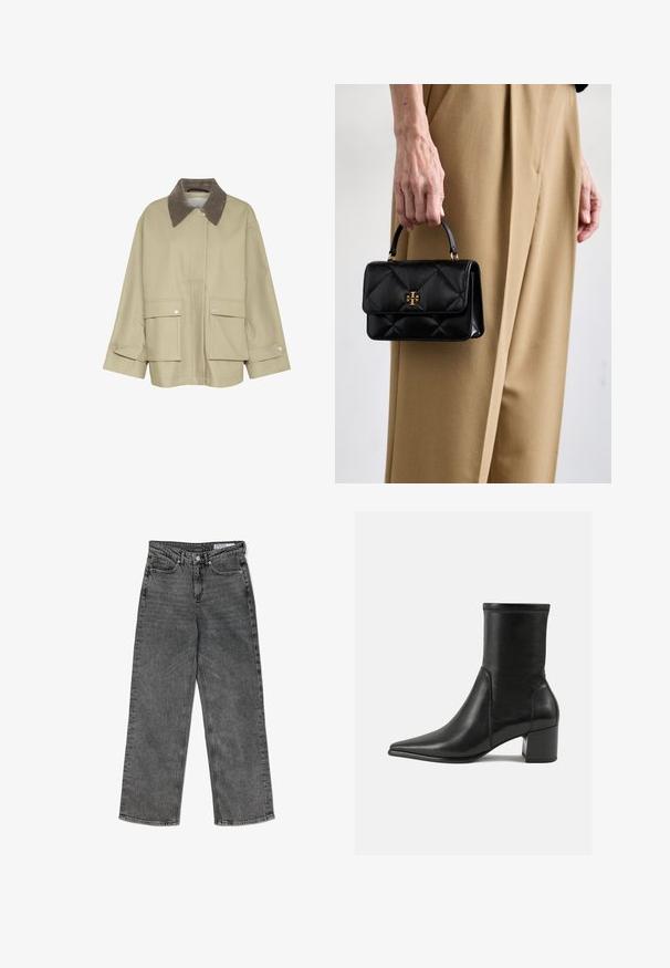 Bežna jakna s rjavim žametnim ovratnikom, dvema sprednjima žepoma in zaponkami na gumb. Ima naravnost kroj in dolge rokave.; Svetlo siva majica s dugimi rukavi, narejena iz mehkega bombažnega materiala. Ima okroglo izreza in prilagojen silhueto brez vzorcev ali dodatkov.; Visoko pasu črne oprane hlače naravnega kroja z sprednjimi žepi, zankami za pas, gumbnim zapiranjem in oznako blagovne znamke na notranjem pasu.; Črne gležnjarje iz gladkega usnja, z izostrenim nosom, blokastim peto in izrazitim povišanim šivom na zgornjem robu.; Črna usnjena torbica s kviltanim vzorcem, ki ima zgornji ročaj in zlato obrobo, jo drži oseba v bež hlačah.