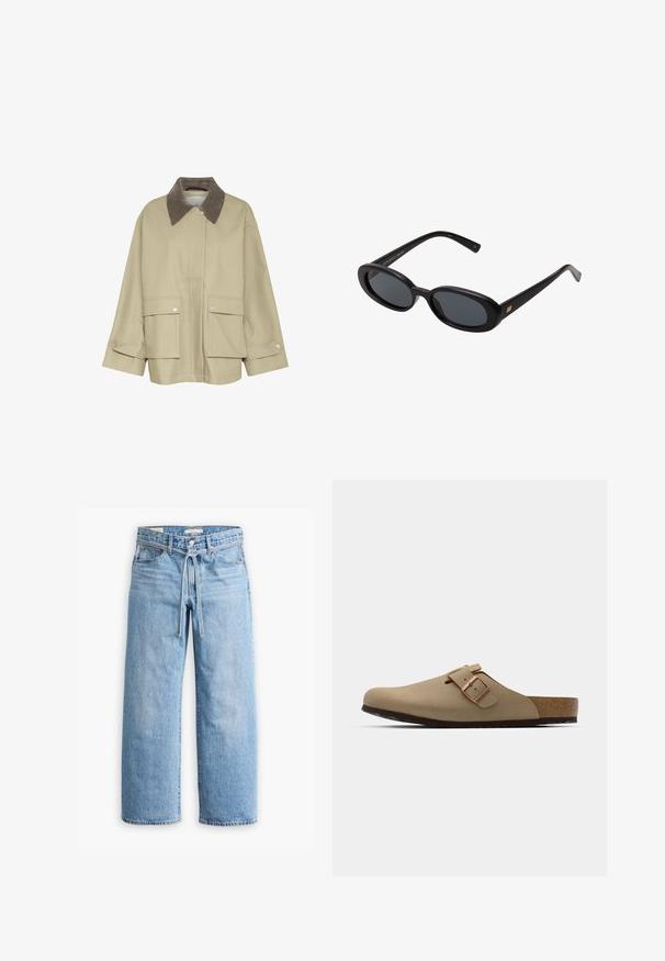 Beige takki ruskealla corduroy-pellavakauluksella, kaksi etutaskua ja nepparikoristeet. Ominaisuuksia ovat suora leikkaus ja pitkät hihat.; Pitkähihaisen puuvillapaitaan, jossa on mustavalkoiset vaakaraitat, pyöreä kaula-aukko ja pehmeä rakenne. Ei näkyviä metalliosia tai koristeita.; Vaaleansiniset farkut leveillä lahkeilla, joissa on korkea vyötärö, nappi- ja vetoketjukiinnitys sekä narutasku vyötäröllä. Raaka helma.; Beige klootziga muudest jalatsitest ümara varbaga, reguleeritava pandla aktsendiga ja korkjalatsiga. Tekstureeritud pind mustast kummist tallaga haardeks.; Mustat ylisuuruiset aurinkolasit, jotka ovat soikeat linssit, sileä muovikehys ja kultaiset korostukset temppeleissä. Tummat linssit tarjoavat suojaa auringolta.