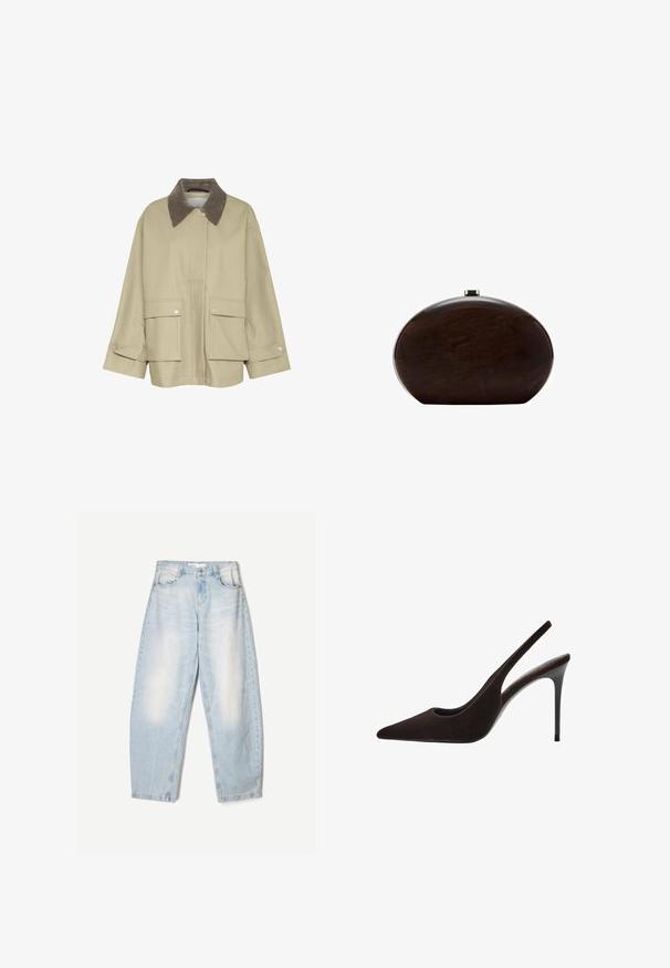 Beige jakke med en brun fløjlskraver, to forsæde lommer og trykknapdetaljer. Har en lige pasform og lange ærmer.; Hvid bluse med lange ærmer og skulderfri design. Fremstillet af glat stof, med rynkede detaljer over skuldrene og tætsiddende ærmer.; Lyseblå denimbukser med en loose fit, der har en falmet finish, to forlommer og en knaplukning i taljen.; Brune suedet slingback højhælede sko med spidse tæer, slank design, udskårne sider og en slank stilettohæl.; Brun hårdskals clutch med rund form og glat tekstur. Har en kliklås øverst og et minimalistisk design uden udsmykninger.
