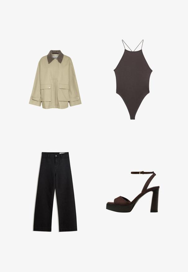 Bež jakna s smešnim kordurojnim ovratnikom, dva prednja žepa i akcenti na dugmad s pritiskom. Ima ravni kroj i duge rukave.; Smeđi jednodijelni kupaći kostim s visokim ovratnikom i tankim, prilagodljivim trakama; ima visoko izrezane nogavice i glatku teksturu. Bez uzoraka ili dekoracija.; Crne široke traperice s visokim strukom, s prednjim i stražnjim džepovima, šivenim šavovima i kopčanjem na gumb. Glatka tekstura.; Smeđe zamšaste sandale s visokim potpeticama, otvorenim prstima, podesivom trakicom oko gležnja i prugastom platformom.