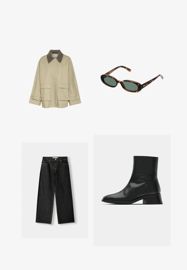 Bež jakna s smešnim kordurojnim ovratnikom, dva prednja žepa i akcenti na dugmad s pritiskom. Ima ravni kroj i duge rukave.; Crna rebrasta majica bez rukava s okruglim izrezom i izvezenim bijelim logotipom. Ima uski kroj i čist, ravan rub.; Crne traperice širokih nogavica s pet džepova, metalnim gumbom i zatvaračem te kontrastnim žutim šavovima.; Crne gležnjače od sjajne kože, s elegantnim dizajnom, šiljatim vrhom i umjerenom blok petom za stabilnost.; Sunčane naočale u boji kornjače s ovalnim okvirom i zelenim staklima. Imaju tanke ručke s metalnim detaljem blizu šarki.