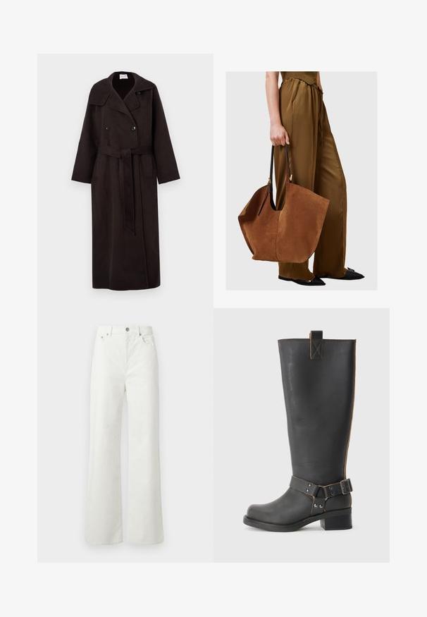 Langer, dunkelbrauner Wollmantel mit doppelter Knopfleiste, großem Kragen, seitlichen Taschen und einem passenden Gürtel, der in der Taille gebunden ist.; Cremfarbener Rollkragenpullover aus strukturiertem Strickstoff, mit gerippten Bündchen und Saum, lockerem Schnitt und seitlichen Schlitzen.; Samsøe Samsøe SHELLY - Jeans Relaxed Fit - clear cream; Schwarze Leder-Stiefel bis zum Knie mit strukturiertem Finish, seitlichem Schnallenakzent und niedrigem Absatz. Detaillierte Steppnähte entlang der Nähte.; Braune Wildleder-Tasche mit schwarzen Ledergriffen, in einem weiten, lässigen Format und minimalistischem Design, von einer Person in braunen Hosen gehalten.