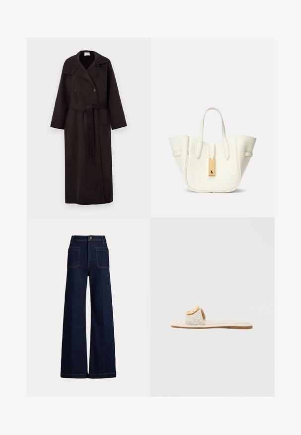Lång, mörkbrun kappa i ull med dubbelknäppt framtill, stor krage, sidofickor och ett matchande bälte knutet i midjan.; Kortärmad randig topp i krämfärgad och marinblå, med rund halsringning och fyrkantig design i en texturerad tyg.; Bredbenta mörkblå jeans i denim med hög midja, femficksdesign och kontrasterande sömmar. Har en knappstängning och en strukturerad form.; Slip-in-sandal med beige rem med geometriskt mönster, en rundad gul detalj på ovansidan och en platt, ljus sula.; Vit läder tote-väska med en strukturerad form, framträdande sömmar, guldfärgad hårdvarumärke och dubbla handtag. Texturerad yta med sidofickor.