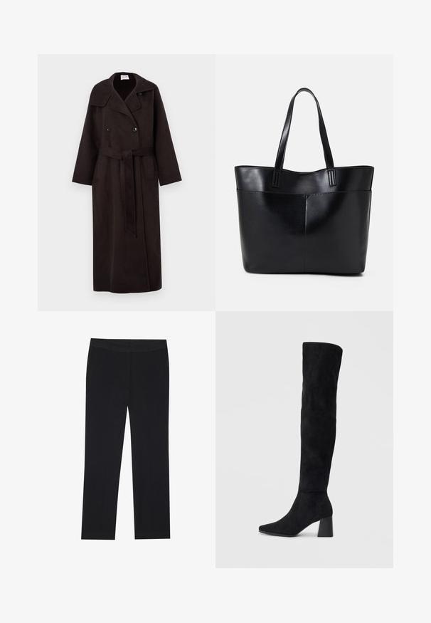 Hosszú, sötétbarna gyapjúkabát, dupla rózsás elülső résszel, nagy gallérral, oldalsó zsebekkel, és derékra kötött, illő övvel.; Két garbó: az egyik fekete, a másik zöld és fehér csíkos. Mindkettő hosszú ujjú és bordás textúrájú.; Fekete nadrág, egyenes lábakkal, oldalsó zsebekkel és sima szövet textúrával. Minimális részletezés, letisztult derékpánt.; Fekete nubuk térd fölé érő csizma, tömbsarokkal, hegyes orral és sima, varrat nélküli dizájnnal, világos háttérrel.; Fekete bőr bevásárlótáska két hosszú fogantyúval, sima felülettel és strukturált formával. Elülső zseb található rajta a plusz tárolás érdekében.