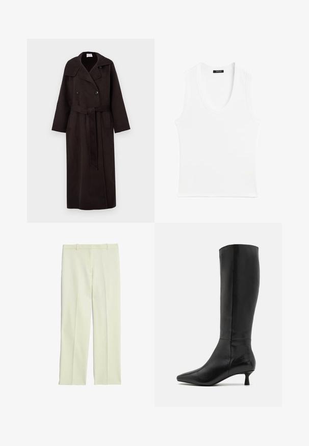 Langer, dunkelbrauner Wollmantel mit doppelter Knopfleiste, großem Kragen, seitlichen Taschen und einem passenden Gürtel, der in der Taille gebunden ist.; Weißes ärmelloses Tanktop mit rundem Halsausschnitt, aus geripptem Material; einfaches Design ohne Muster oder Verzierungen.; Cremefarbene, maßgeschneiderte Hosen mit geradem Schnitt, flachem Front, Gürtelschlaufen und glatter Oberfläche.; Zign Stiefel - black