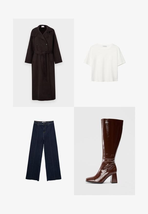 Cappotto lungo di colore marrone scuro, realizzato in lana, con chiusura doppiopetto, ampio colletto, tasche laterali e una cintura coordinata legata in vita.; T-shirt bianco a maniche corte realizzato in cotone. Presenta un collo tondo e una vestibilità rilassata. Texture liscia senza motivi o dettagli visibili.; Pantaloni in denim scuro a gamba larga con cuciture a contrasto, vita alta e taglio dritto. Presentano tasche anteriori e una chiusura classica con bottone.; Stivali marroni in pelle verniciata alti fino al ginocchio, con punta quadrata, finitura lucida e taccochunky per stabilità. Design senza soluzione di continuità senza hardware visibile.