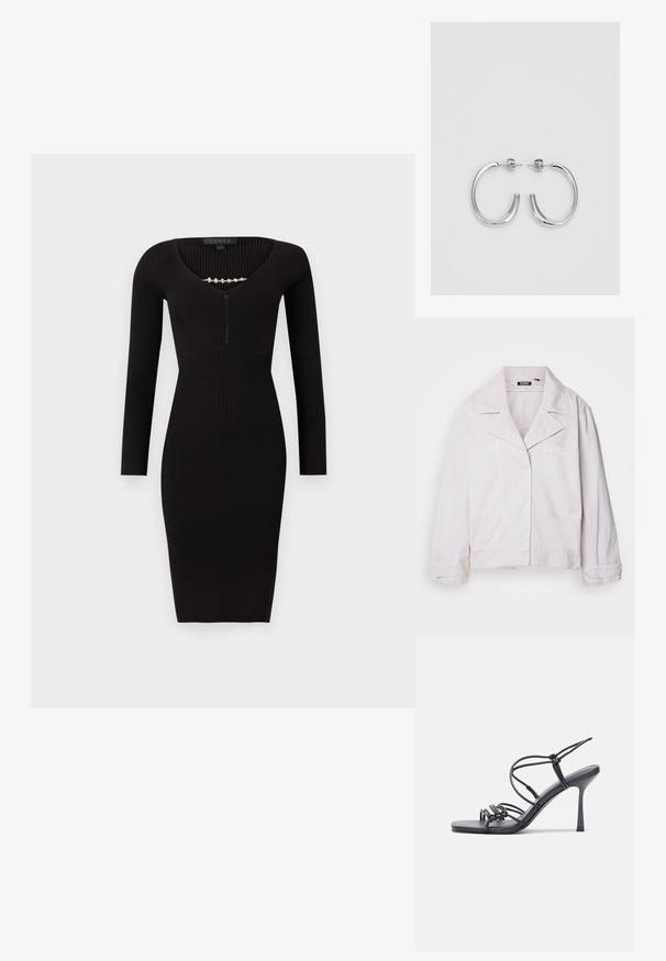 Jasnoróżowa kurtka z bawełny, z kołnierzykiem, dwoma przednimi kieszeniami i długimi rękawami o lekko skróconym kroju.; Czarna, prążkowana sukienka z długimi rękawami, dekoltem w serek i z przodu z suwakiem. Charakteryzuje się dopasowaną sylwetką i długością do kolan.; Czarne sandały na wysokim obcasie mają cienkie paski z węzłowym wzorem, gładki, kwadratowy czubek i smukły obcas w stylu szpilki.; Jasnoszara metaliczna torebka na łańcuszku, ozdobiona małymi okrągłymi metalowymi ćwiekami oraz trójkątnym logo marki.; Srebrne kolczyki koła o gładkiej, błyszczącej powierzchni, z zakrzywionym kształtem i zapięciem na sztyft. Minimalistyczny design z nowoczesnym wykończeniem.