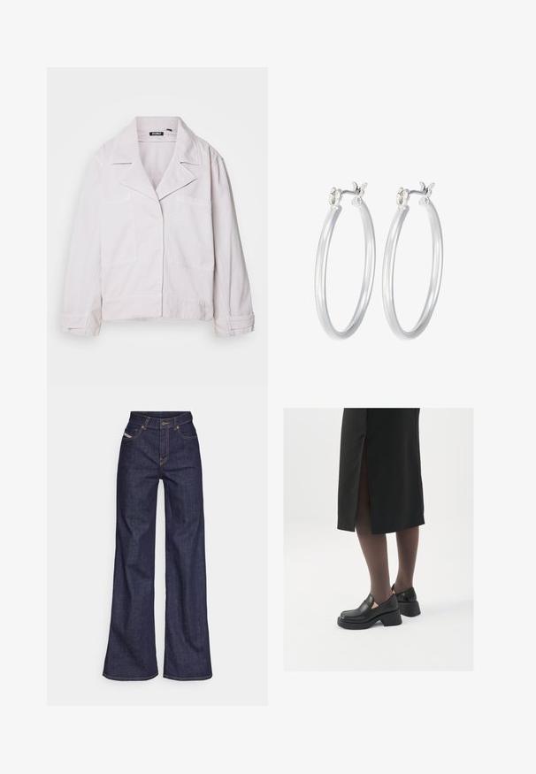 Heled roosa puuvillane jakk, millel on krae, kaks esiset kotti ja pikad varrukad, millel on veidi lühem lõige.; Kaks puuvillast crop topi, valge ja must. Igal on sügav kaelus ja õhukesed õlapaelad, ning need on valmistatud siledast, pehmest materjalist.; Tumedates sinised laiad teksad denimpesus, kõrge vöökohaga, mis on varustatud oranžide õmblustega, viie-taskulise disaini ja nööbiga kinnitusega.; Mustad mustad jalatsid ümmarguse varbaga, paksu plokkniidi ja elastsete külgdetailidega, kombineeritud tumedate sukkade ja musta lõhikuga seelikuga.; Hõbedased rõngaskõrvarõngad, millel on sile, läikiv viimistlus. Ümmargune kuju ja turvaline klõpsulatus. Kerge disain, sobib igapäevaseks kandmiseks.