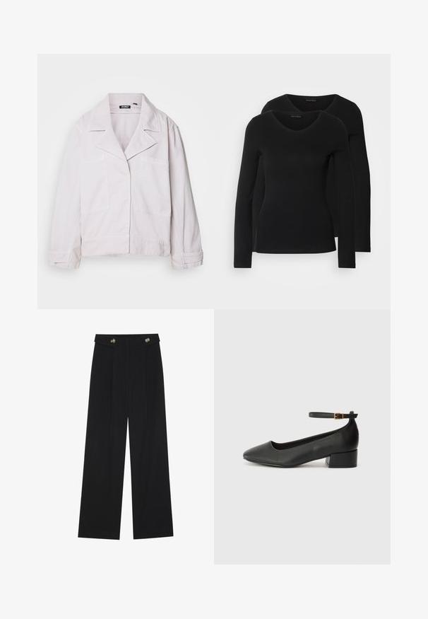 Lichtroze jack van katoen, met een kraag, twee voorzakken en lange mouwen met een iets cropped snit.; Twee zwarte longsleeve shirts met een V-hals ontwerp, gemaakt van zachte, rekbare stof, die een gladde textuur en een getailleerde vorm laten zien.; Zwarte wijde broek met hoge taille, knoopdetails op de tailleband en plooien aan de voorkant.; Zwarte leren pump met een spitse neus en een lage blokhak. Beschikt over een enkelband met een goudkleurige gespsluiting. Gladde textuur.