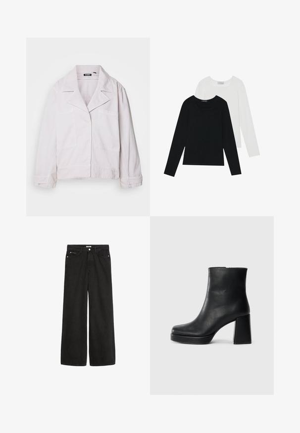 Light pink jacket made of cotton, featuring a collared neckline, two front pockets, and long sleeves with a slightly cropped cut.; Two long-sleeve tops, one black and one white, both featuring a square neckline and made from soft, stretchy fabric.; Wide-leg black denim jeans with a high waist. Features five pockets, metal hardware, and a clean finish. The texture is smooth and soft.; Black leather ankle boot with a block heel and platform sole, viewed from the side on a plain white background.