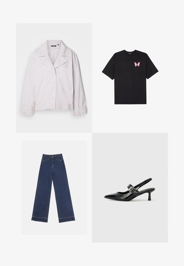 Lichtroze jack van katoen, met een kraag, twee voorzakken en lange mouwen met een iets cropped snit.; Zwarte katoenen t-shirt met korte mouwen, voorzien van een kleine roze vlinder graphic op de linkerkant van de borst. Crew neck ontwerp met een relaxte fit.; Wide-leg jeans in donkerblauwe denim. Voorzien van vijf zakken, riemlussen en een rauwe zoom onderaan met zichtbare stikseldetails.; Zwarte gepatineerde leren slingback hakken met een puntige neus en een kleine blokhak, met een zilveren gespaccent op de band.