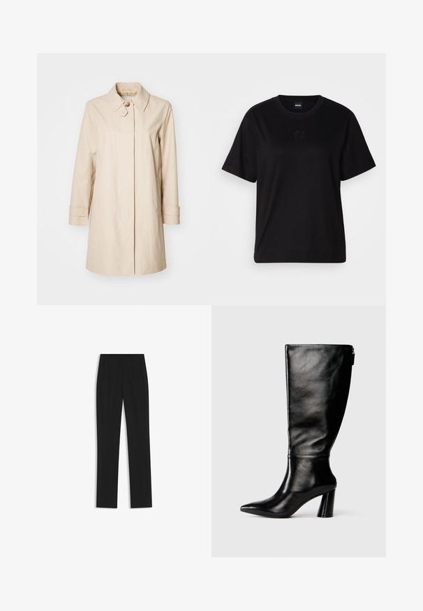 Beige trench coat i lätt tyg, med klassisk krage, enfaldig knäppning och långa ärmar med manschettdetaljer.; Svart bomullströja med rund halsringning, korta ärmar och en broderad logotyp på bröstet. Enkel, avslappnad passform utan mönster.; Svarta skräddarsydda byxor med rak bendesign, som har framfickor och ett slätt, strukturerat tyg. Prydlig, minimal detaljer.; Knä-höga svarta läderstövlar med spetsig tå, slät yta och kraftig klack. Har en dragkedjedetalj på baksidan.