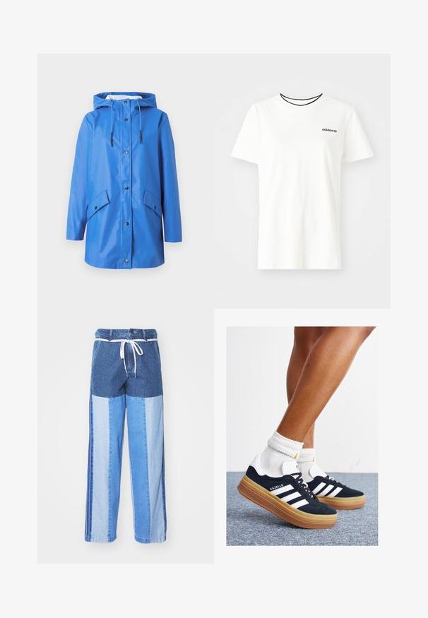 Blå regnfrakke med hætte, lavet af glat vandtæt materiale. Har front trykknapper og to skrå sidelommer. Minimalistisk design.; Hvid bomulds t-shirt med korte ærmer og rund halsudskæring. Har et sort Adidas-logo på brystet og en kontrasterende sort indvendig krave.; Blå denimbukser med et patchwork-design i forskellige nuancer af blå, snor i taljen og løse, lige ben.; Sorte sneakers i ruskind med hvide striber og detaljer, rundet tå, ydersål i gummi, kombineret med hvide ribstrikkede crew sokker.
