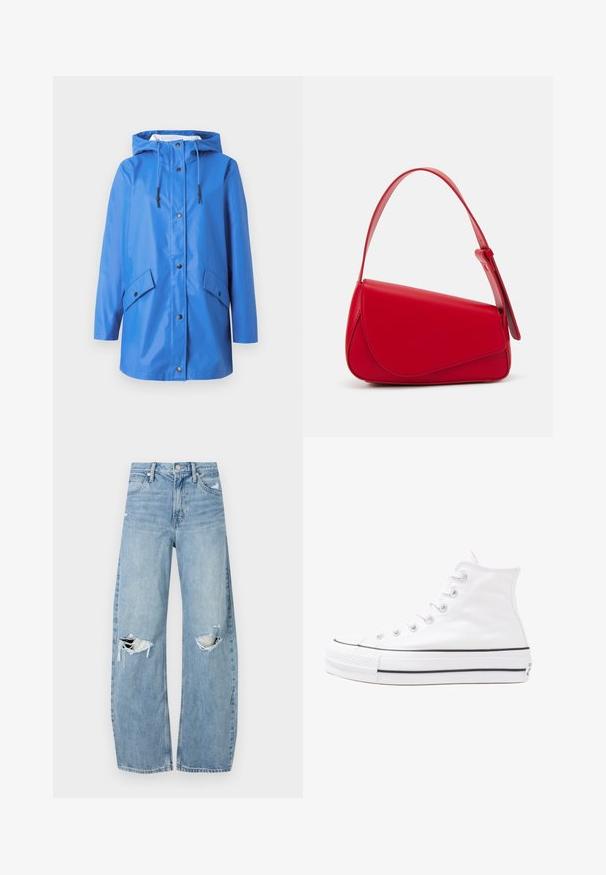 Sininen sadetakki hupulla, valmistettu sileästä vedenpitävästä materiaalista. Varustettu etupuolen napitusnapeilla ja kahdella viistolla sivutaskulla. Minimalistinen muotoilu.; Valkoinen puuvillapaita, jossa on suuri, kirkkaan punainen hummerigrafiikka edessä. Lyhyet hihat ja standardi pyöreä kaula-aukko.; Vaaleansiniset, korkeavyötäröiset farkut, jotka on valmistettu denimmateriaalista. Ominaisuuksiin kuuluvat leveät lahkeet, kaksi revittyä polvialuetta ja klassinen viiden taskun tyyli.; Valkoiset korkeavartiset kangaskengät mustalla kumipohjalla, edessä kuminen varvasosa ja kuusi nauha-aukkoa, puhtaan minimalistisella muotoilulla.; Punainen nahkalaukku, jossa on kulmikas, geometrinen muotoilu. Varustettu yhdellä säädettävällä hihnalla ja läpällä, jossa on ommeltu yksityiskohtia.