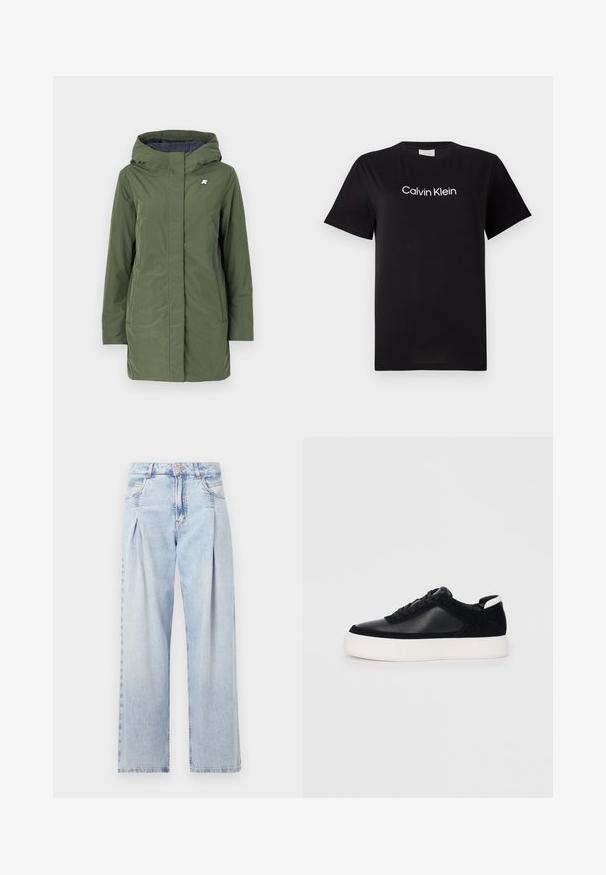 K-Way SOPHIE SOFT TOUCH - Téli kabát - green/blue; Fekete pamut póló rövid ujjal, fehér "Calvin Klein" logóval a mellkason. Klasszikus kerek nyakú kialakítás.; Világoskék farmernadrág magas derekú, bő szabású, két oldalsó zsebbel és pliszírozott dizájnnal. Puha tapintású, elhalványított felület.; Fekete sportcipő sima bőrből és velúr panelekkel, lapos fűzőkkel, kerek orral és fehér gumi talppal. Megkülönböztető logó a sarkán.