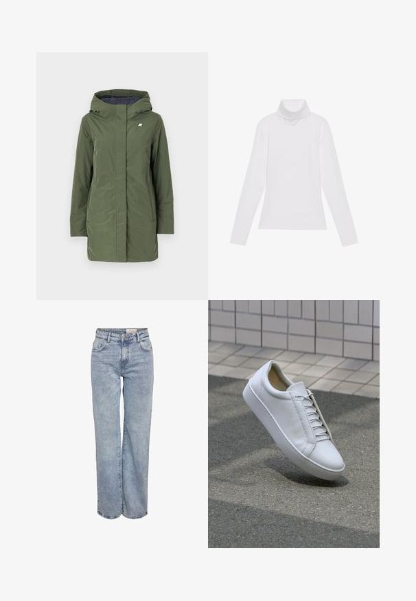 K-Way SOPHIE SOFT TOUCH - Zimný kabát - green/blue; Biely dlhý rukáv v štýle roláka vyrobený z hladkej, elastickej tkaniny. Má vysoký golier a priliehavý strih, bez viditeľných vzorov alebo ozdôb.; Svetlomodré široké džínsy vyrobené z denimu, s vysokým pásom, päťvreckovým dizajnom a jemným vyblednutím pre opotrebovaný vzhľad.; Biele kožené tenisky s guľatou špičkou, plochou podrážkou a šiestimi pármi dierok na šnúrky. Hladká textúra a minimalistický dizajn so švovými detailmi.