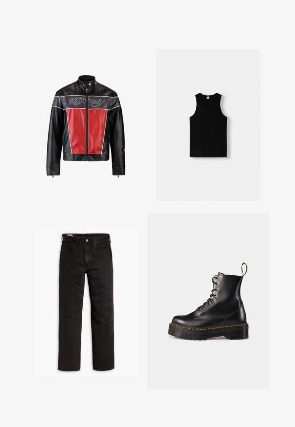 Schwarze Lederjacke mit roten Vorderpanelen, silbernen Akzenten und einem Druckknopfkragen. Enthält ein gesticktes Logo auf der Brust und am Ärmel.; Schwarzes Tanktop mit Rundhalsausschnitt und breiten Schulterträgern. Aus weichem Stoff gefertigt, mit glatter Textur und schlichtem Design.; Schwarze Jeans aus Denim mit geradem Bein, ausgestattet mit einem Reißverschluss, vorderen Taschen und einem klassischen Fünf-Taschen-Design. Weiche, robuste Textur.; Schwarze Leder-Schnürstiefel mit knöchelhohem Schaft, einer robusten schwarzen Sohle und gelben Nähten. Verfügt über eine Lasche hinten und runde Metallösen.
