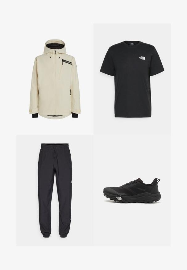 Veste imperméable de couleur crème avec fermeture éclair à l'avant, capuche ajustable et accents noirs. Comprend des poches zippées et un tissu texturé.; T-shirt en coton noir à manches courtes, col rond, avec un petit logo blanc sur la poitrine gauche. Design simple, texture lisse et coupe décontractée.; Pantalon de sport noir en tissu léger, avec une taille à cordon, des poches latérales et des chevilles resserrées.; Chaussure de trail running noire avec une tige texturée, semelle en caoutchouc et bout renforcé. Présente un col rembourré et une tirette pour un enfilage facile.