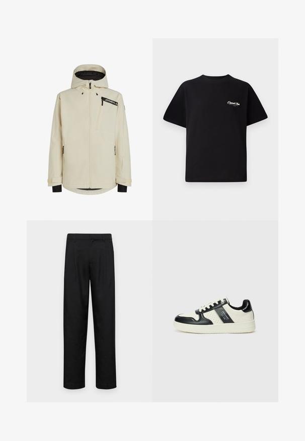 Krēmkrāsas ūdensizturīga jaka ar rāvējslēdzēju priekšpusē, regulējamu kapuci un melniem akcentiem. Iekļauj rāvējslēdzēja kabatas un teksturētu audumu.; Melnas kokvilnas t-krekls ar apaļu kakla izgriezumu, īsām piedurknēm un maziem baltiem logotipa uzrakstiem kreisajā krūšu daļā. Vienkāršs dizains, klasiskā piegriezne.; Melnas bikses, izgatavotas no gludas auduma, ar taisnu kāju dizainu, divām priekšējām krokām un standarta jostu, kurai ir āķi.; Ādas sporta apavi ar melnbaltu krāsu shēmu, ar perforētiem akcentiem, mīkstinātu apkakli un teksturētu zoli.