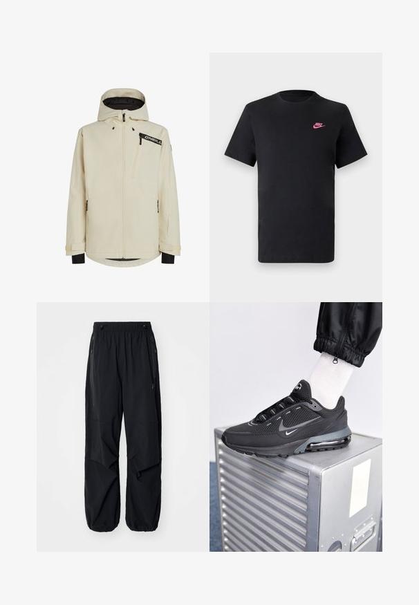 Crème-kleurige waterdichte jas met een ritssluiting aan de voorkant, een verstelbare capuchon en zwarte accenten. Beschikt over ritszakken en gestructureerde stof.; Zwarte katoenen T-shirt met een ronde halslijn en korte mouwen. Bevat een roze Nike-logo aan de bovenkant aan de linkerzijde. Glad textuur.; Zwarte lichtgewicht cargobroek met een elastische tailleband, zijritsen en ruime zakken. Heeft een losse pasvorm en taps toelopende boorden.; Nike Sportswear PULSE - Sneakers laag - black/anthracite