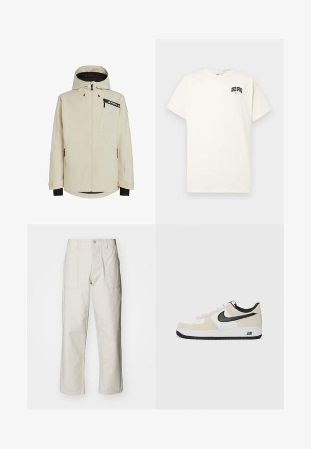 Crème-kleurige waterdichte jas met een ritssluiting aan de voorkant, een verstelbare capuchon en zwarte accenten. Beschikt over ritszakken en gestructureerde stof.; Crème-kleurige katoenen T-shirt met korte mouwen, voorzien van "NIKE SB" in zwarte en rode tekst op de borst. Standaard ronde halslijn.; Lichtbeige wijde broek van katoen. Voorzien van steekzakken en een knoopsluiting. Glad textuur met subtiele verticale lijnen.; Sneakers met een lichtbeige suède en witte leren bovenkant, zwarte Nike swoosh, zwarte accenten en een witte rubberen zool met "AIR" branding.