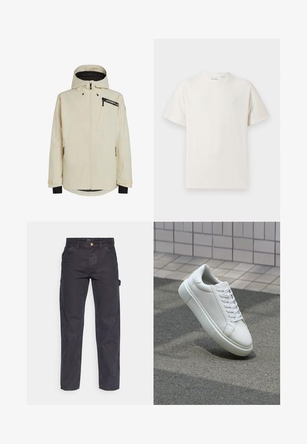 Veste imperméable de couleur crème avec fermeture éclair à l'avant, capuche ajustable et accents noirs. Comprend des poches zippées et un tissu texturé.; T-shirt blanc à manches courtes en texture côtelée. Encolure ronde, coupe décontractée, sans motifs ni accents visibles. Design simple et polyvalent.; Pantalons cargo gris foncé en tissu durable, avec une coupe droite, cinq poches et une fermeture à bouton à la taille.; Baskets en cuir blanc avec une surface lisse, bout rond et lacets plats blancs. Présentent une semelle en caoutchouc texturée et des éléments de design minimalistes.