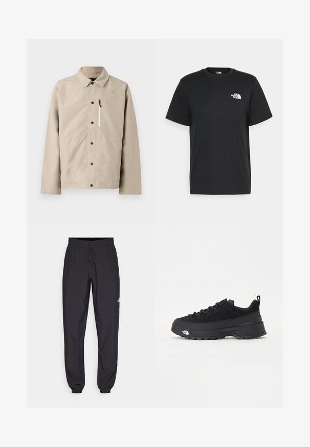 Beige North Face skjortejakke med krage og glidelås brystlomme, designet for utendørsbruk.; Svart bomull t-skjorte med korte ermer, rund hals og en liten hvit logo på venstre bryst. Enkel design, glatt tekstur og avslappet passform.; Sorte idrettsbukser laget av lett stoff, med snor i livet, sidelommer og smale mansjetter ved anklene.; Svart utendørs sneakers med overdel i semsket skinn, teksturert gummisåle og solid snøresystem. Har forsterket hæl og merkevarelogo på siden.
